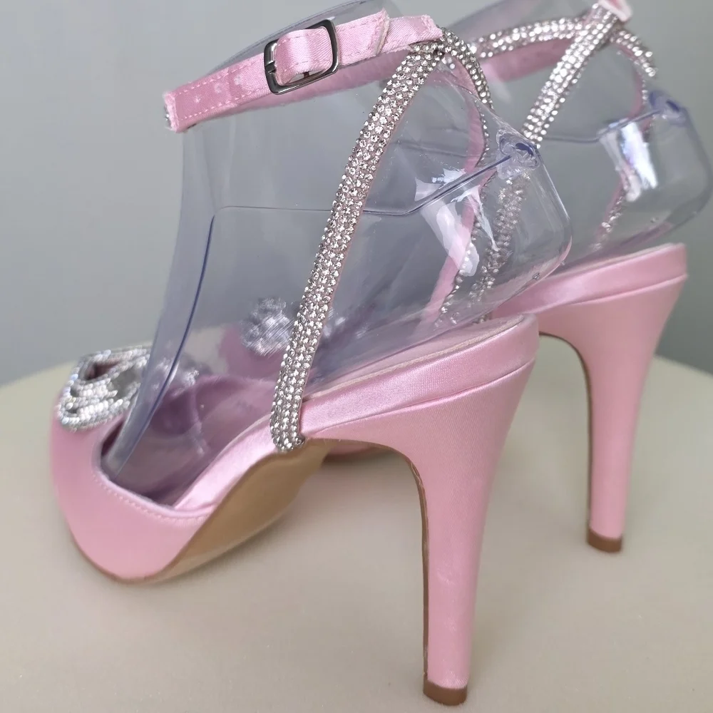 TOP MODA Pink Satin Freya Pointed Toe Sparkly Heart Ankle Strap Heel, Size 6.5